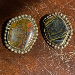 Vintage Stephen Dweck Jasper/Bronze Bezel Earring ClipOn Boho Signed Designer